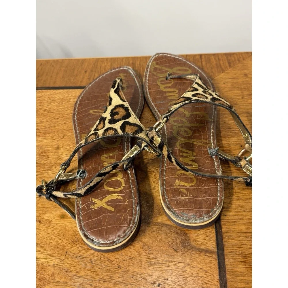Sam Edelman Women's 10 Gigi Tan Leopard Calf Hair Thong Sandals Gold Accents